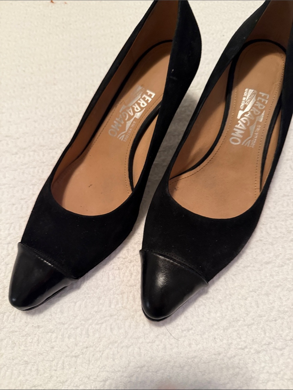 Salvatore Ferragamo Black Suede and Leather Cap-Toe Pumps